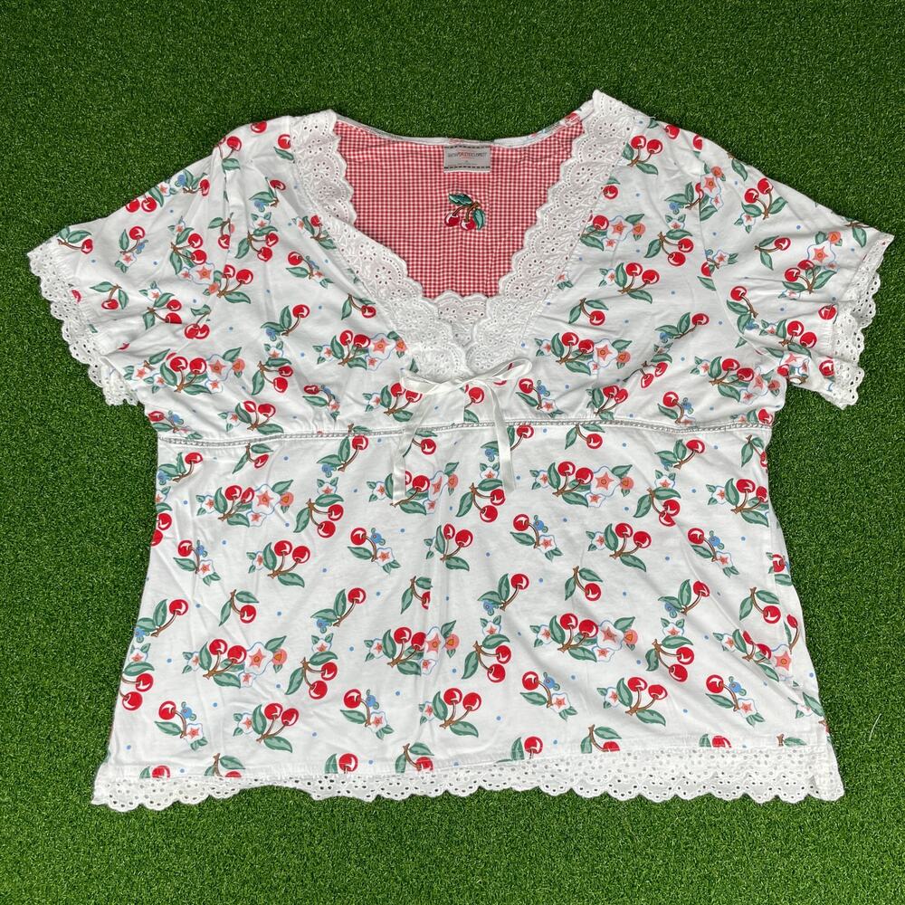 Mary Engelbreit Red Cherry All Over Print Short Sleeve Lace Trim Pajama Top XL